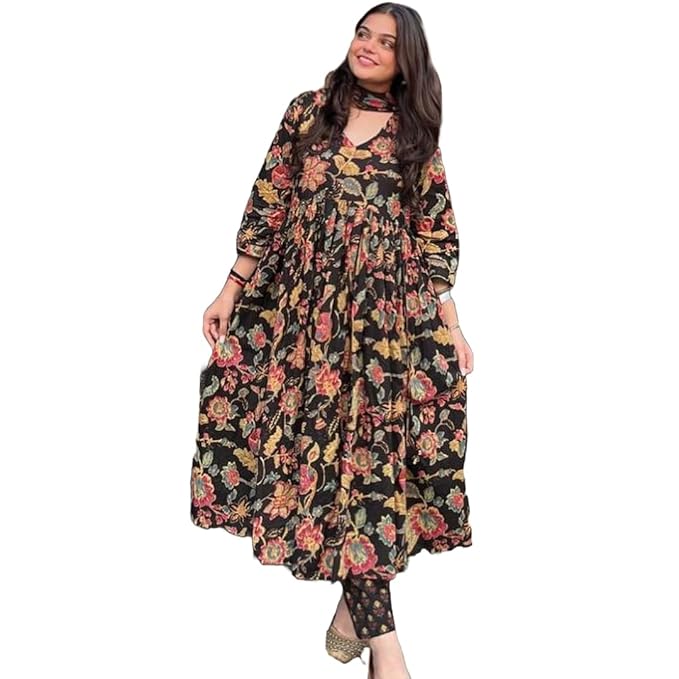 GoSriKi Women's Rayon Viscose Anarkali Printed Kurta with Palazzo & Dupatta