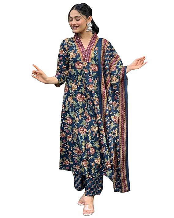 GoSriKi Women's Rayon Viscose Anarkali Printed Kurta with Palazzo & Dupatta