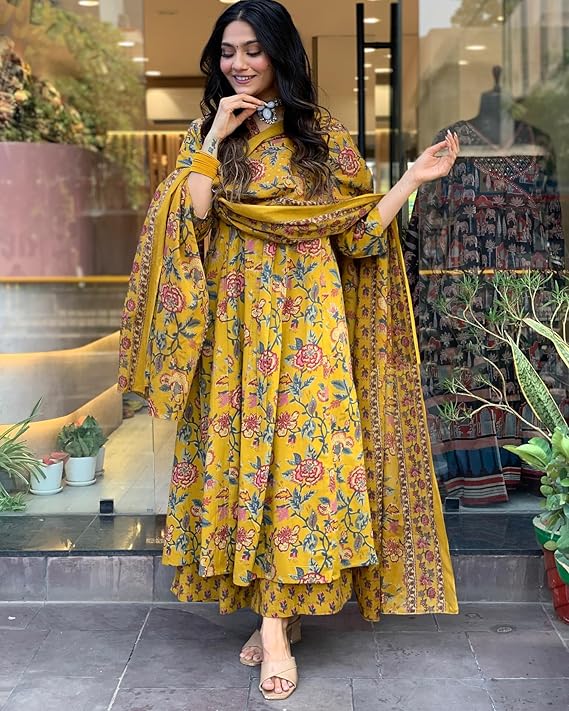GoSriKi Women's Rayon Viscose Anarkali Printed Kurta with Palazzo & Dupatta