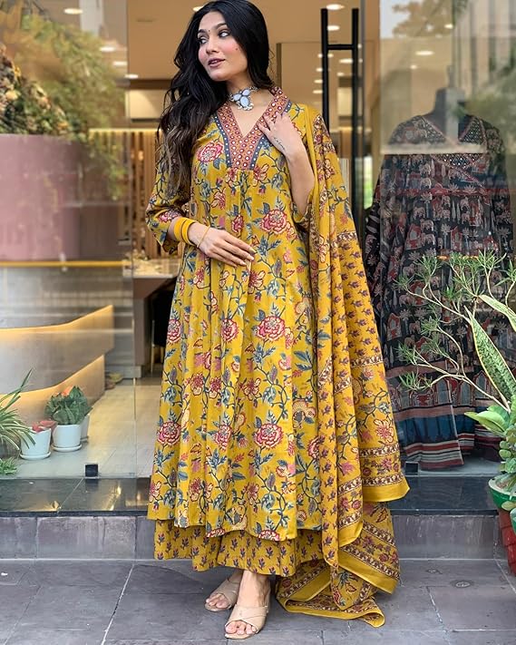 GoSriKi Women's Rayon Viscose Anarkali Printed Kurta with Palazzo & Dupatta