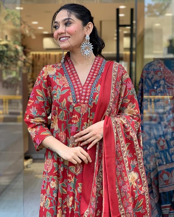 GoSriKi Women's Rayon Viscose Anarkali Printed Kurta with Palazzo & Dupatta