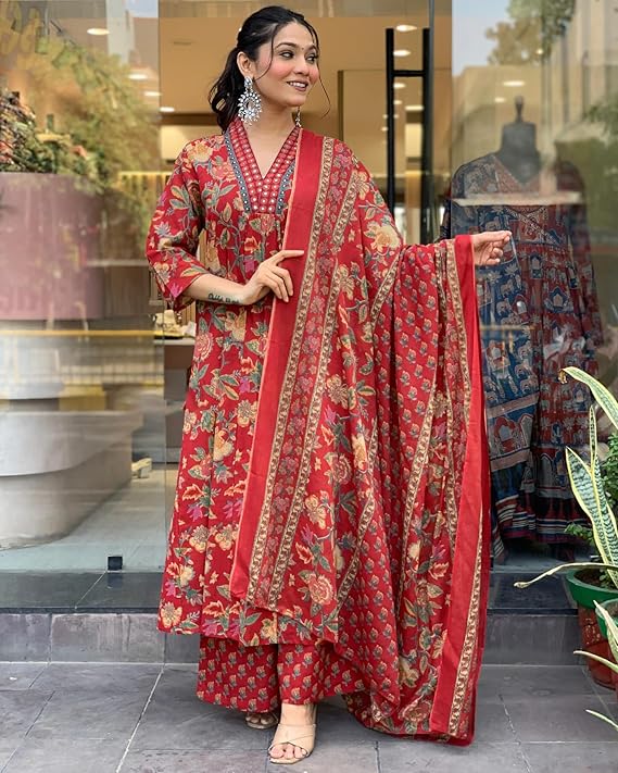 GoSriKi Women's Rayon Viscose Anarkali Printed Kurta with Palazzo & Dupatta