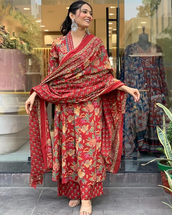 GoSriKi Women's Rayon Viscose Anarkali Printed Kurta with Palazzo & Dupatta