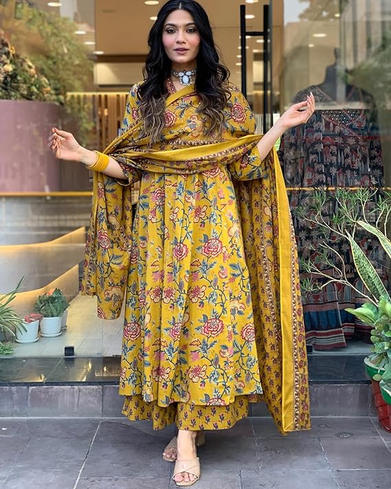 GoSriKi Women's Rayon Viscose Anarkali Printed Kurta with Palazzo & Dupatta