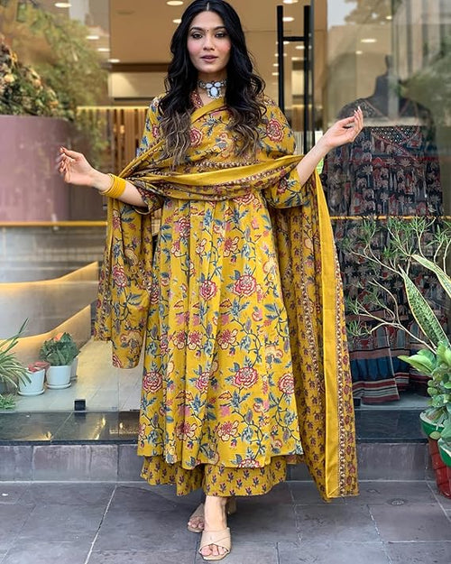 GoSriKi Women's Rayon Viscose Anarkali Printed Kurta with Palazzo & Dupatta